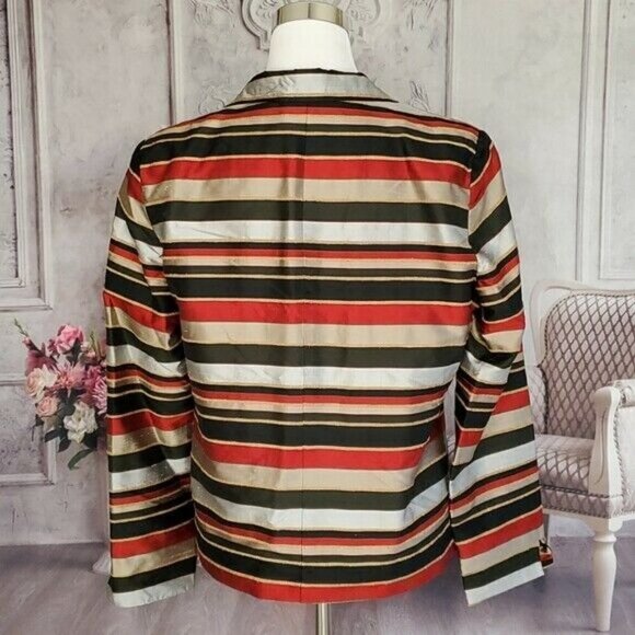ann May Vintage Striped Lined Open Front Blazer Jacket Medium 100% Woven Silk - Picture 7 of 11